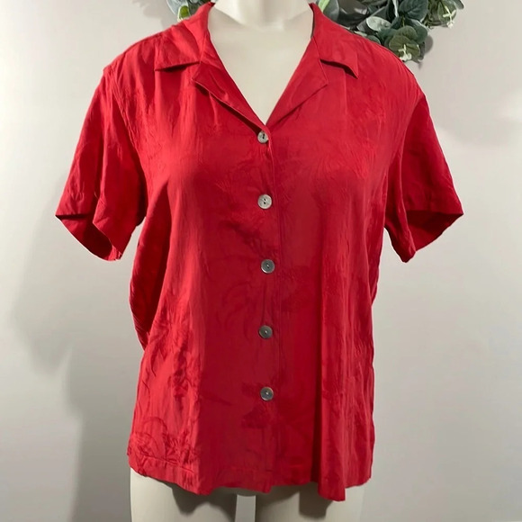 Caribbean Joe Short Sleeve Button Front Red Floral Silk Blend Top S - Picture 1 of 16